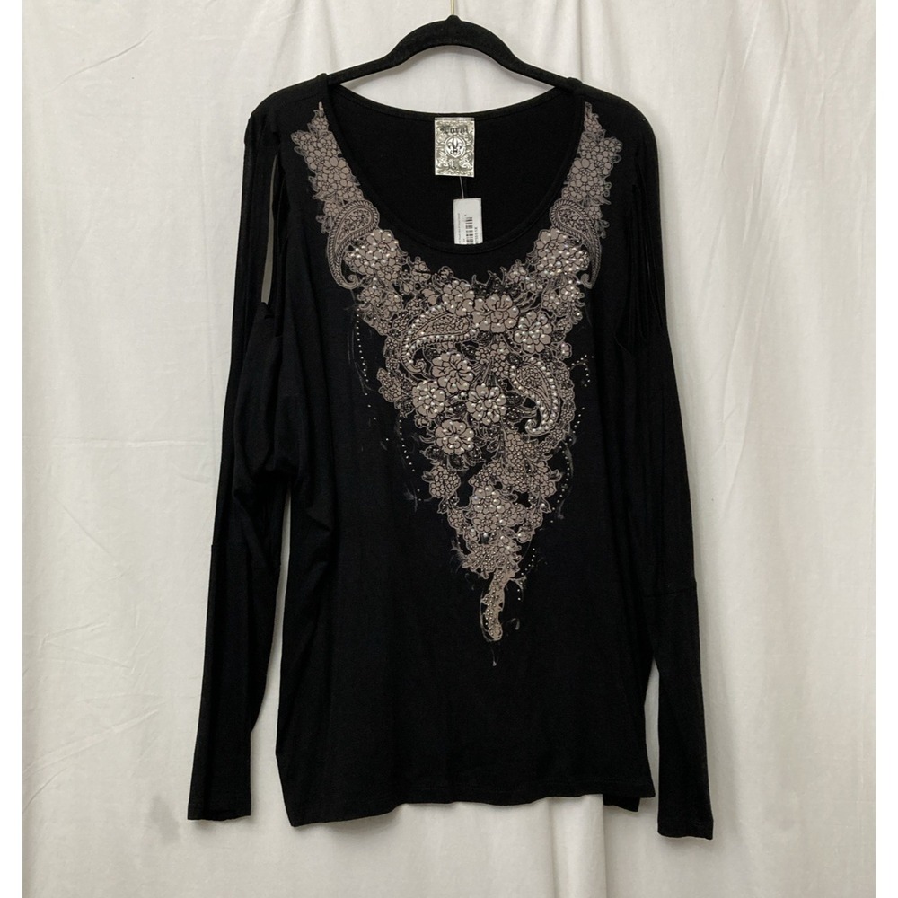 NWT Vocal Women's Black Laser Cut Shoulder Floral Long-Sleeve‎ Top w/Stones - 1X